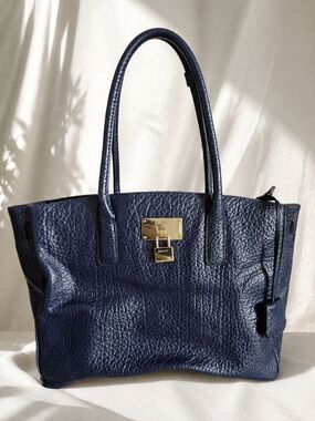 Vintage DKNY Navy Pebbled Leather Padlock Tote Bag